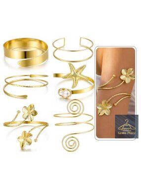 6-Piece Gold Tone Boho Upper Arm Cuff Bracelet Set Adjustable Stackable